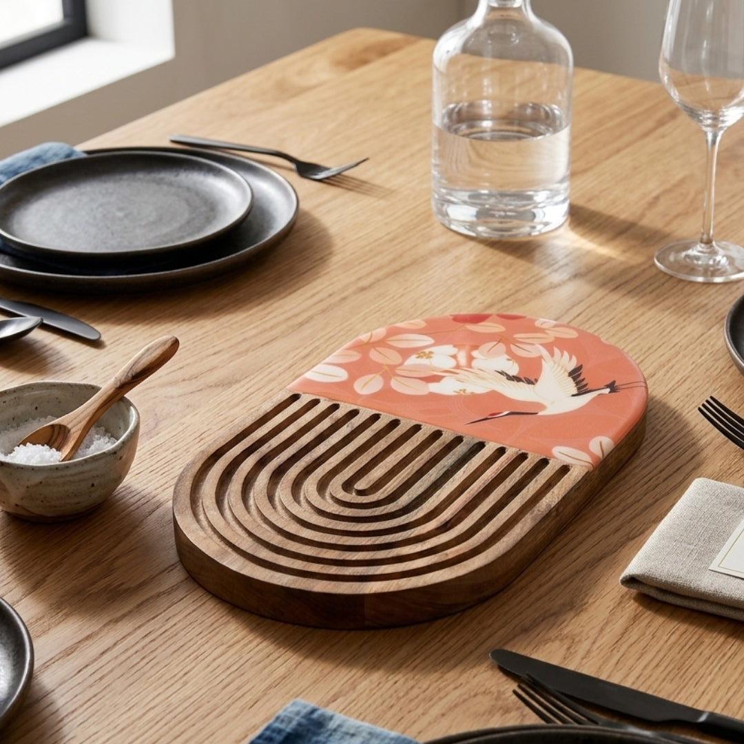 Flamingo Print Enamel & Ribbed Wooden Oval Platter