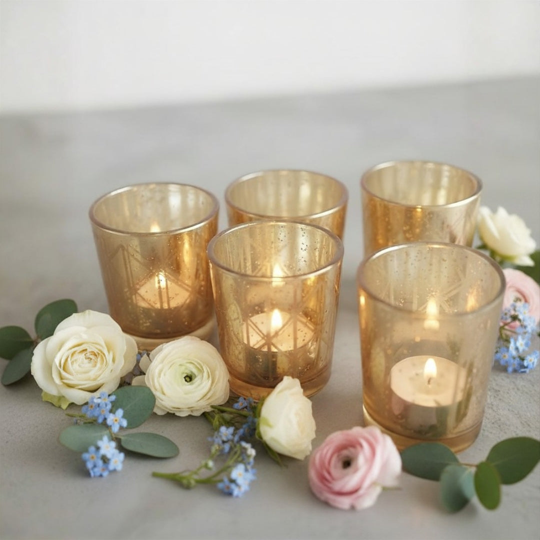 Diamond-Cut Gold Glass Votive Candle Holders – Elegant Set of 5