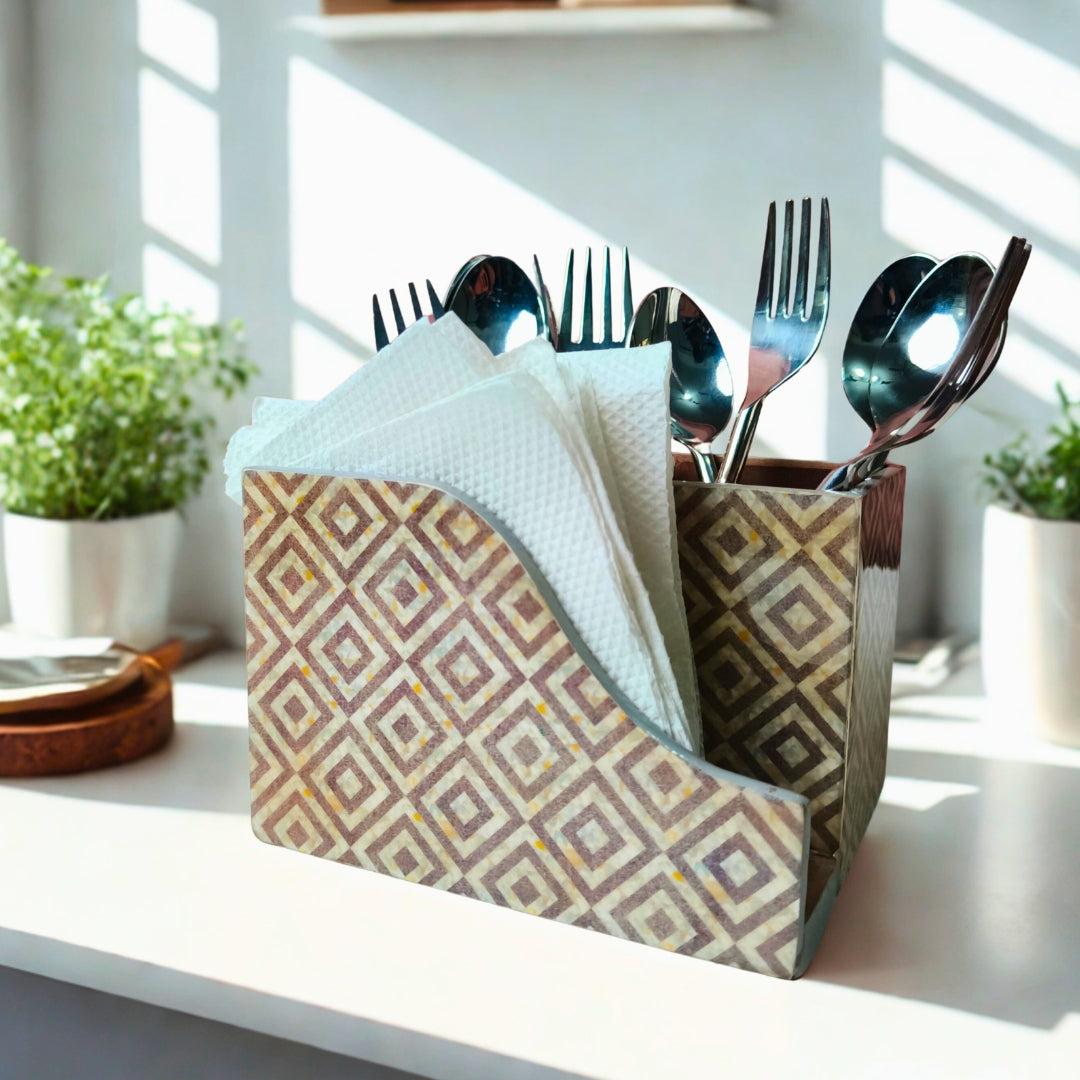 Cutlery tissue holder- Wooden Grey Diamond Print With Enamel