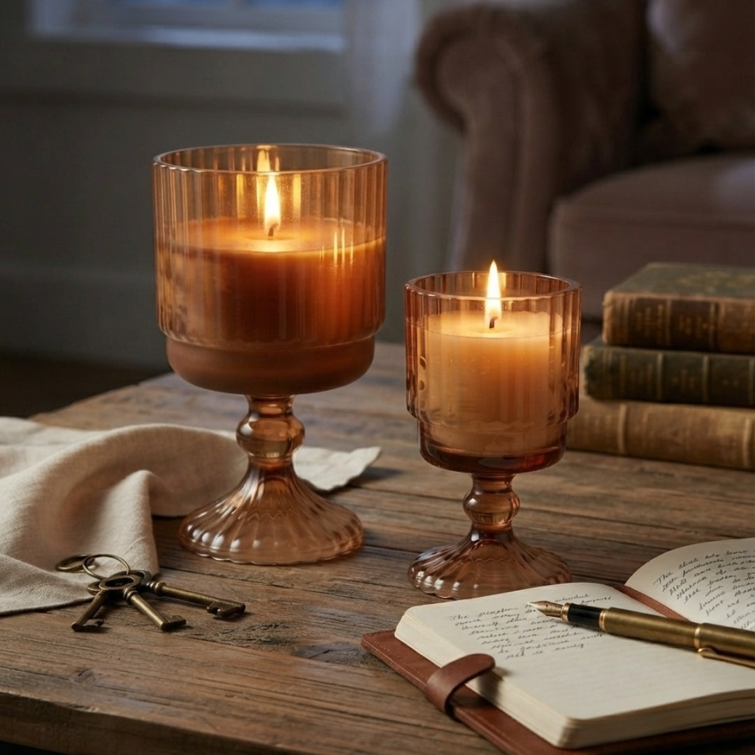 Set of 2 Brown Ribbed Glass Pedestal Scented Candles (Large & Small)