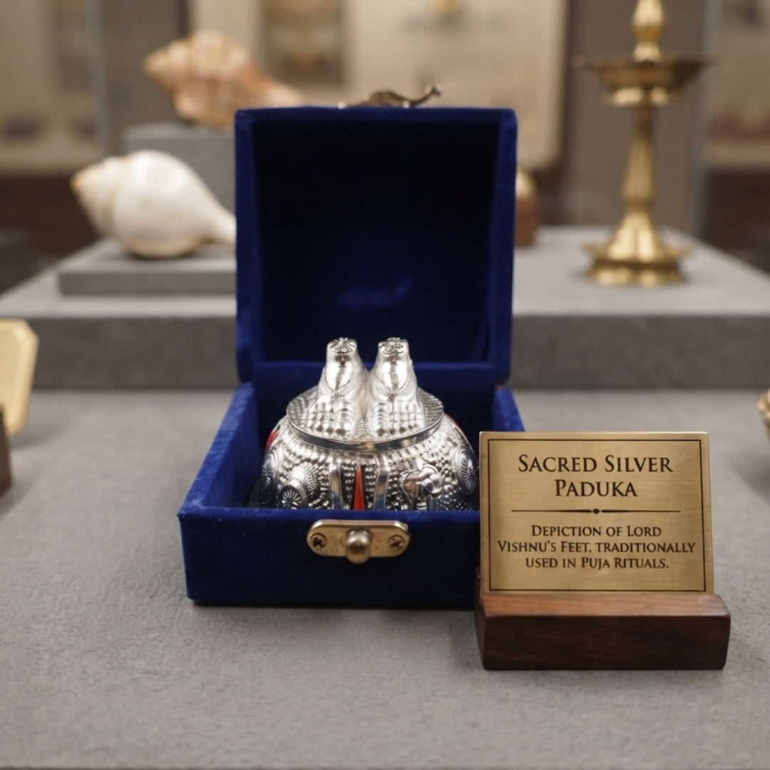Silver Plated Laxmi Paduka in Blue Velvet Box for Auspicious Diwali Gifting