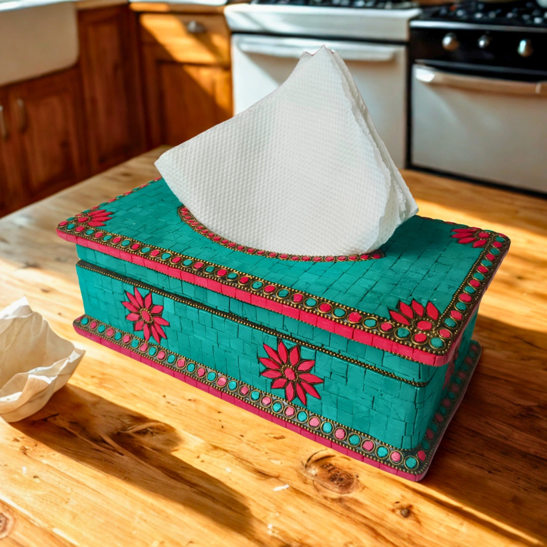 Tissue Box - Wooden Green & Red Mosaic Chips