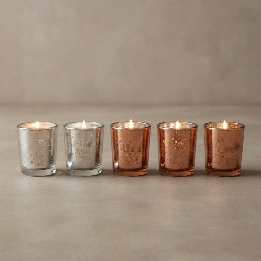 Set of 5 Metallic Luster Glass Votive Scented Candles ( 2 pc Silver, 3 pc Copper)