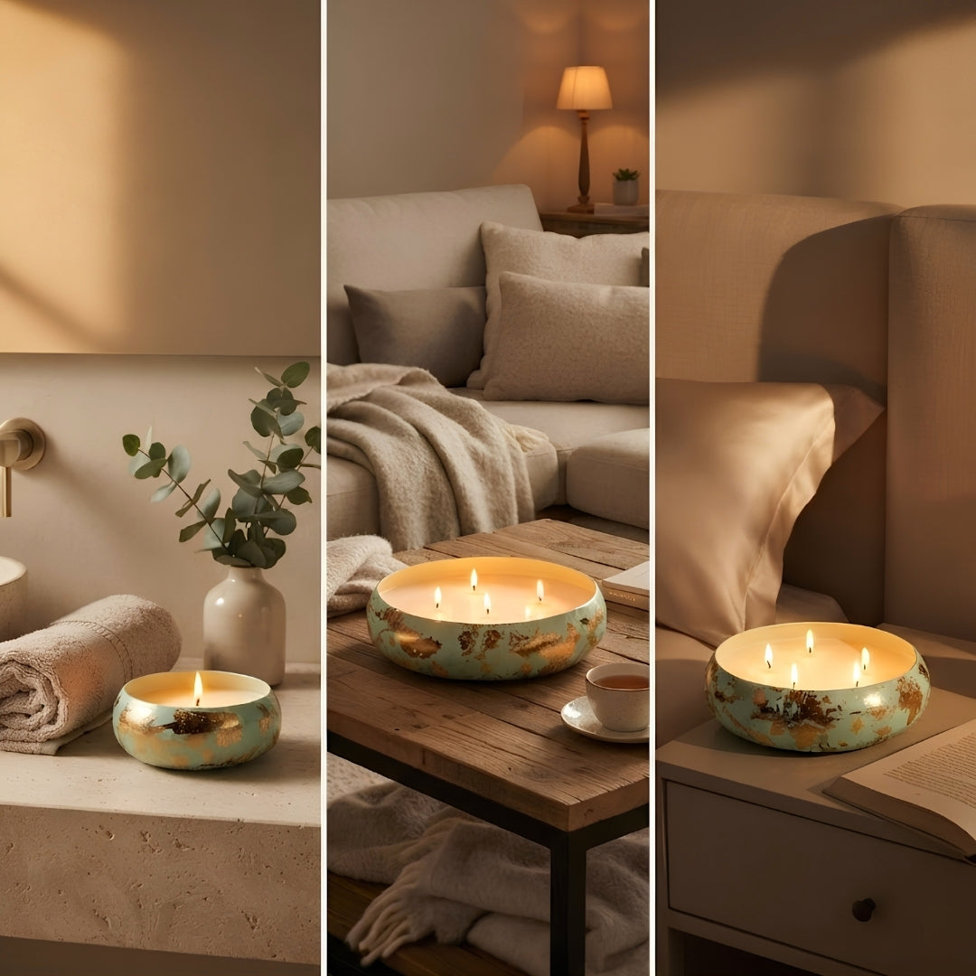 Mint & Gold Leaf Decorative URLI WITH WAX Candle Set of 3