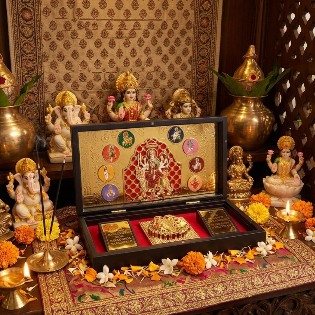 999 Pure Silver & 24K Gold Plated Durga Mata Charan Box | Navdurga Puja Festival Gift