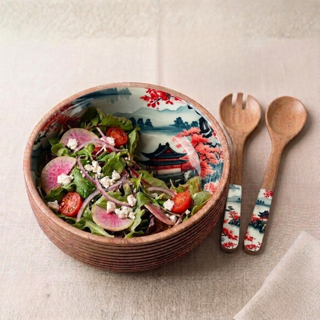 Japanese Floral Print Enamel & Ribbed Wooden Salad Bowl Set