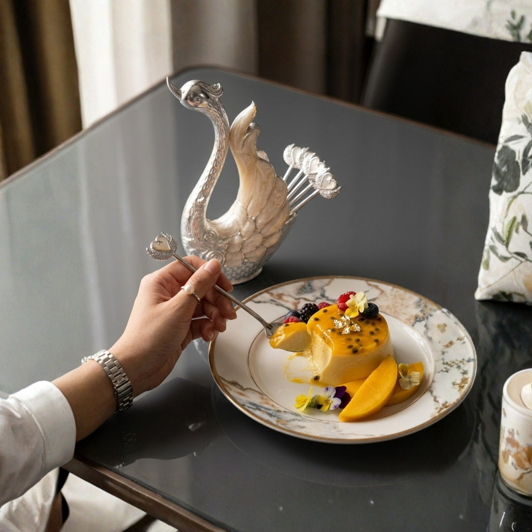 Peach Metal Swan Holder with Set of 6 Dessert Spoon in Premium Gift Box