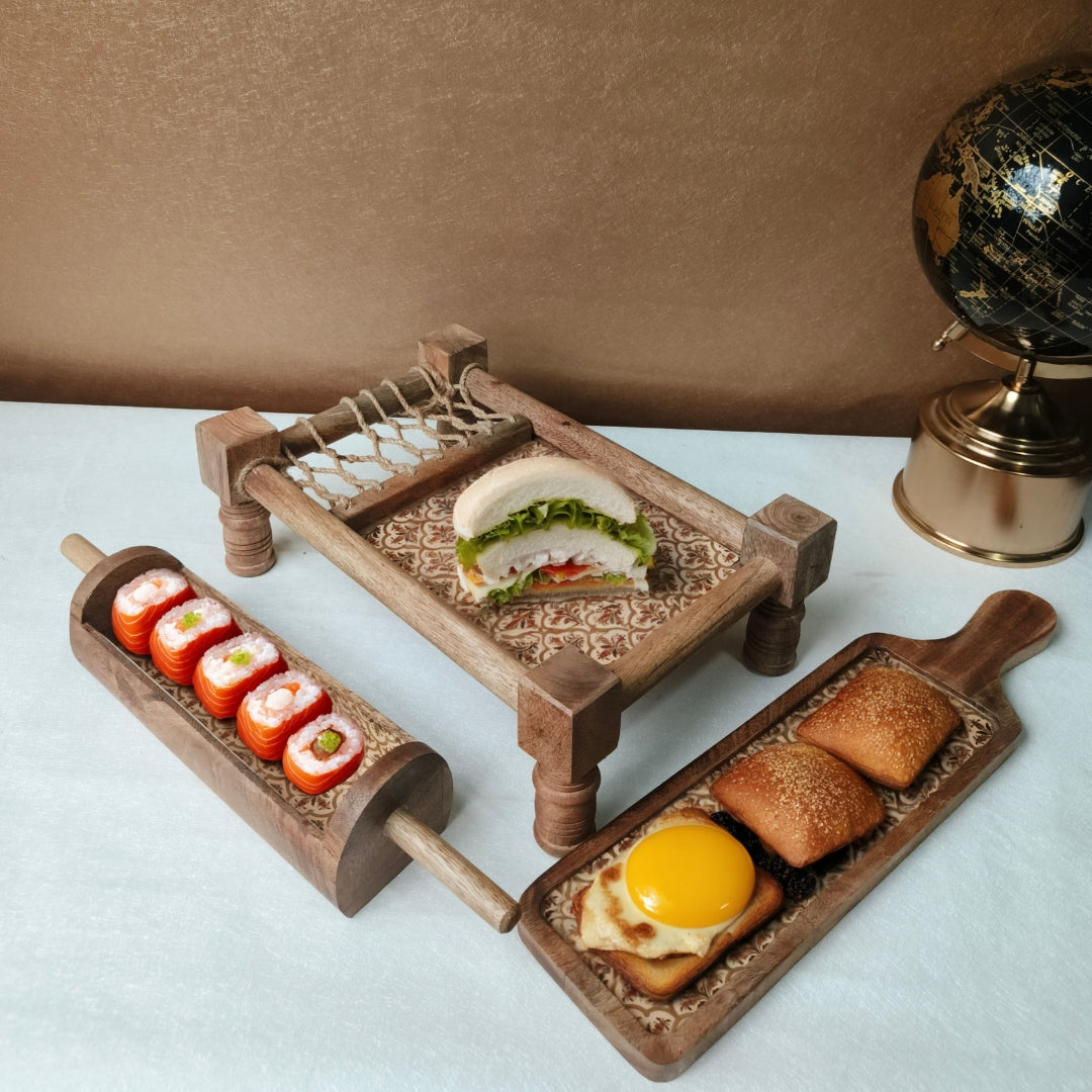 peach mughal print & enameled Wooden Khatiya Platter Set of 3 - khatiya platter , belan platter , bat platter