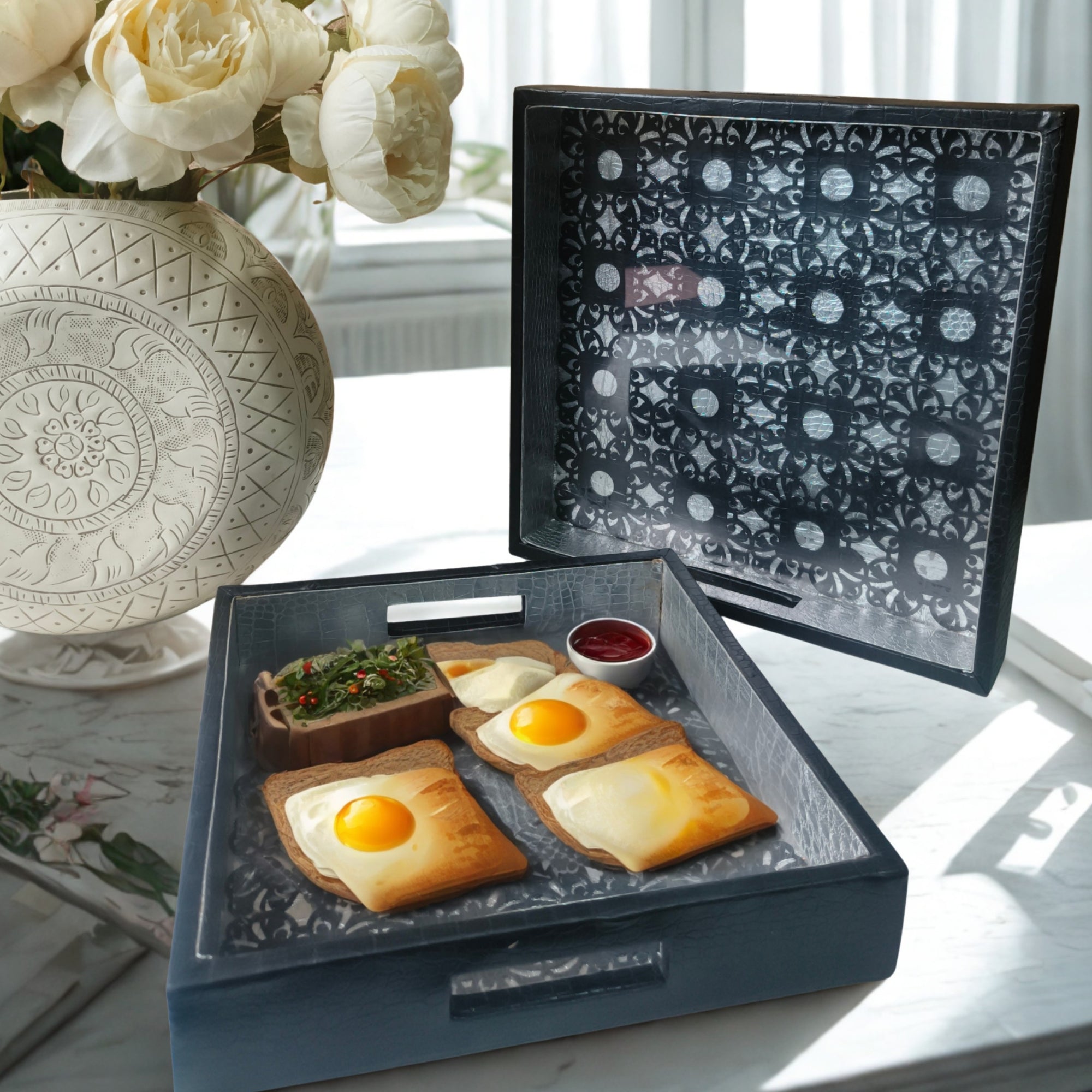 Black Square Leather Tray set of 2