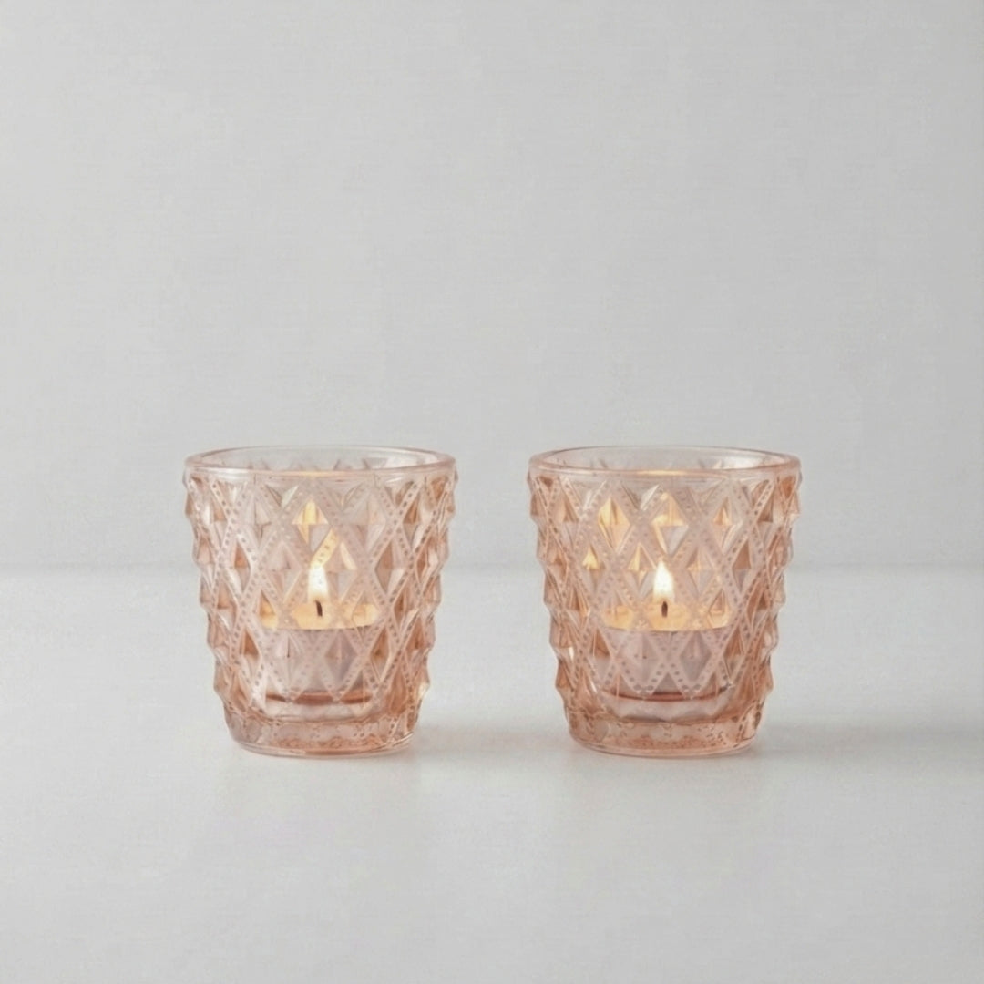 Set of 2 Peach Diamond-Cut Glass Tea Light Votive Holders