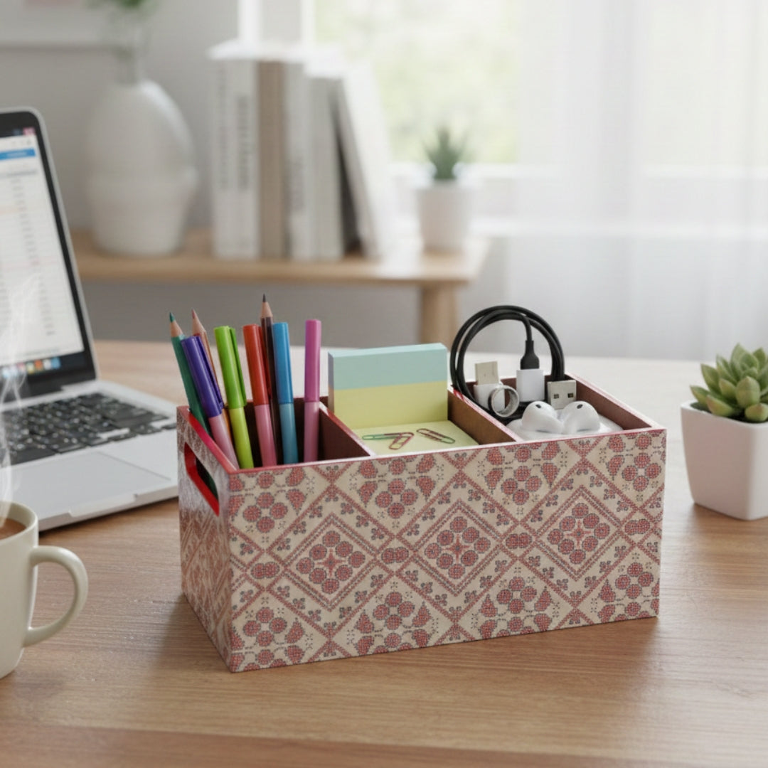 Wooden Blue & red abstract print & enamelled 3 Partition Caddy