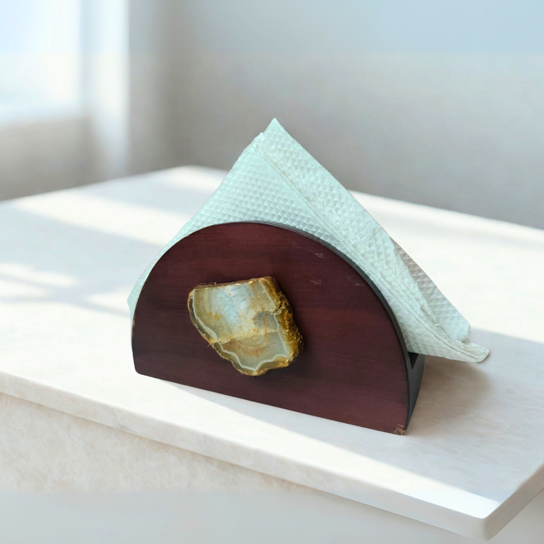 Tissue Holder - Wooden D Shape Walnut Finish With Agate Stone