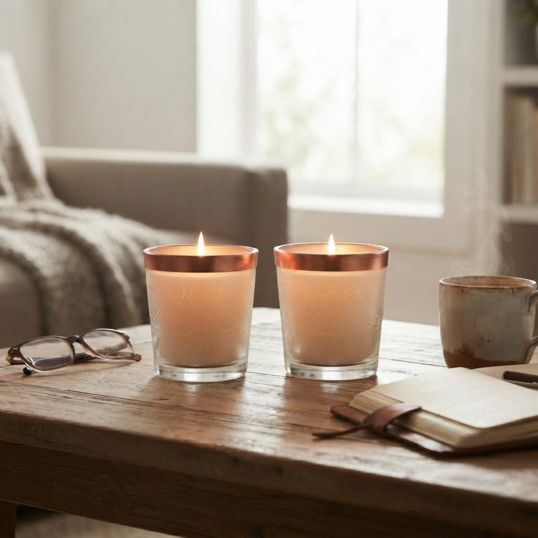 Set of 2 Scented Wax Glass Votives with Metallic Copper Rims