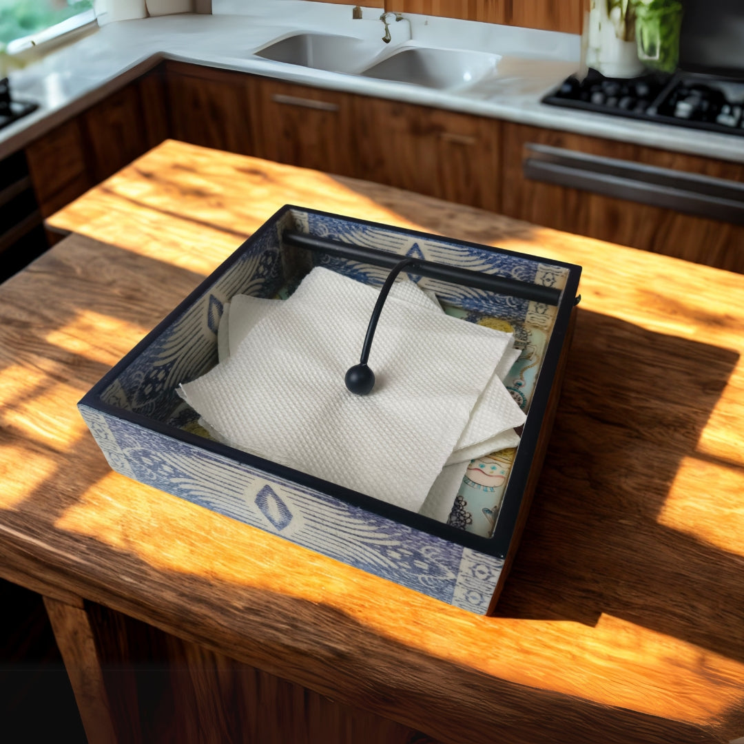 Square tissueholder - Wooden Blue Cup Design Print & Enamel