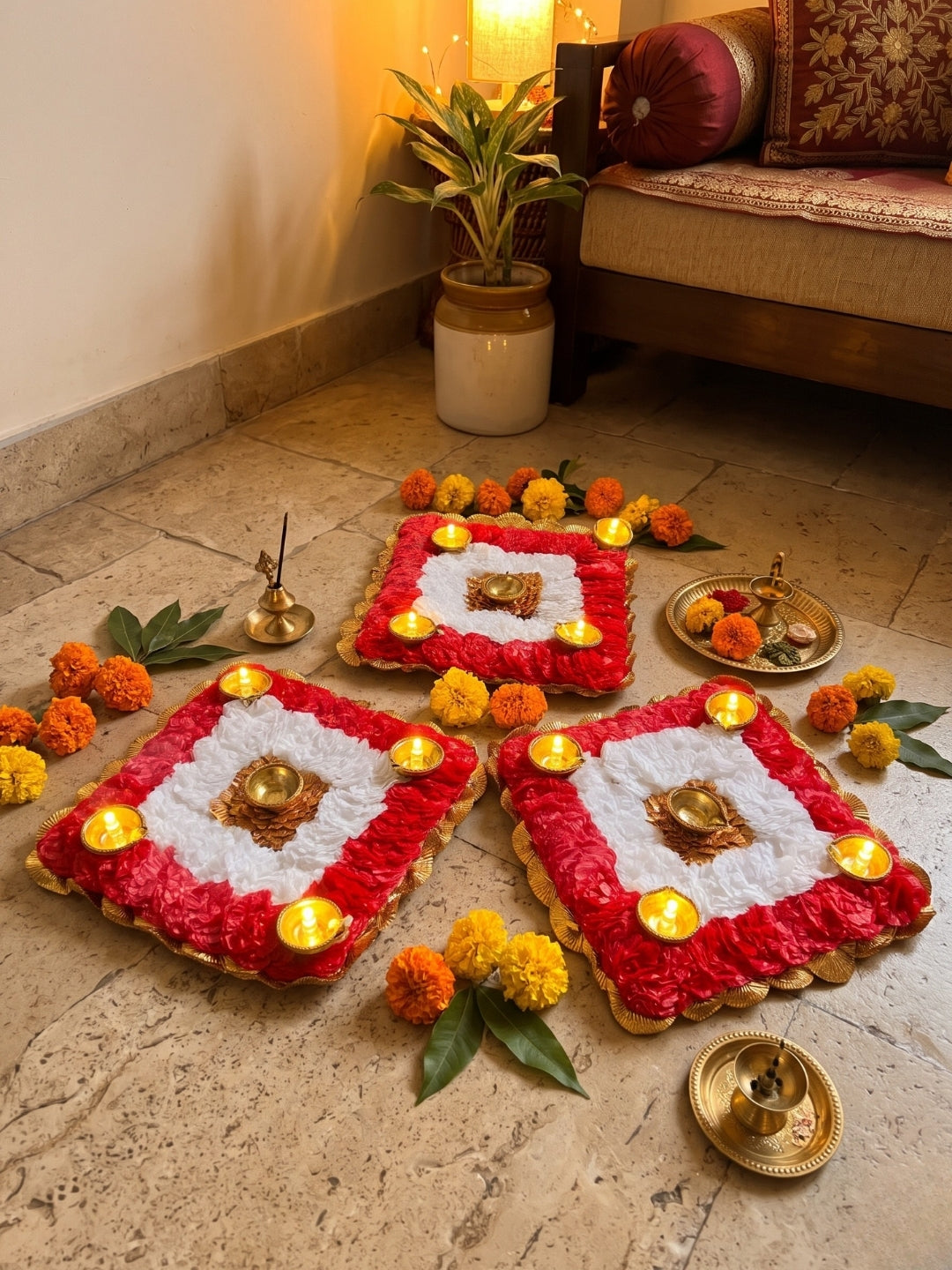Handmade Red & White Floral Puja Mat / rangoli Set of 3 with Diyas