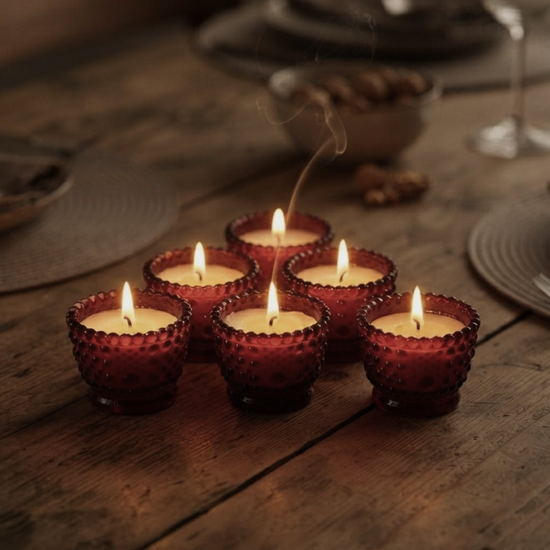 Set of 6 Red Decorative Glass Votive Scented Candles