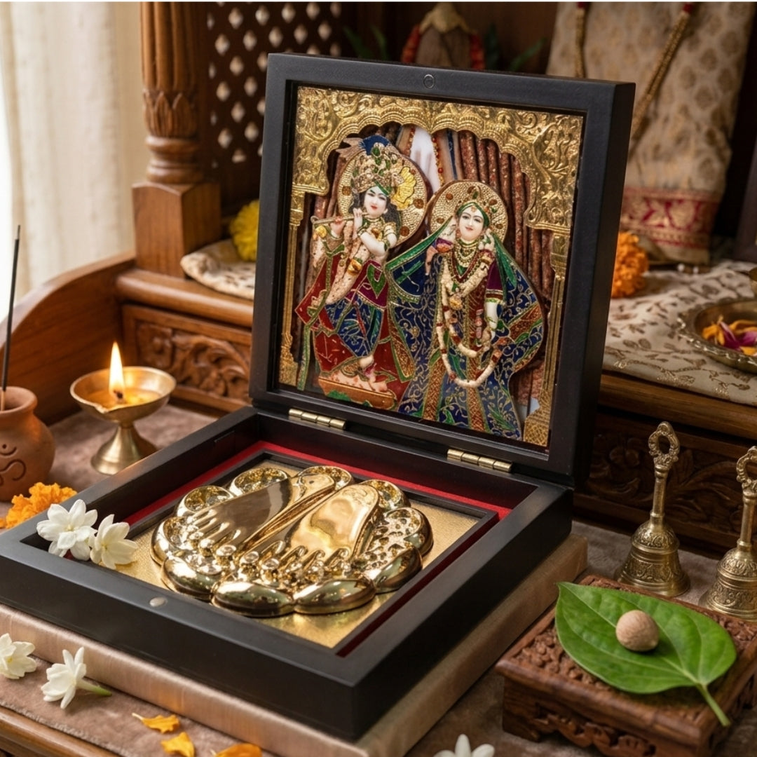 Premium 24K Gold & 999 pure Silver Plated Radha Krishna Charan Paduka Pooja Box