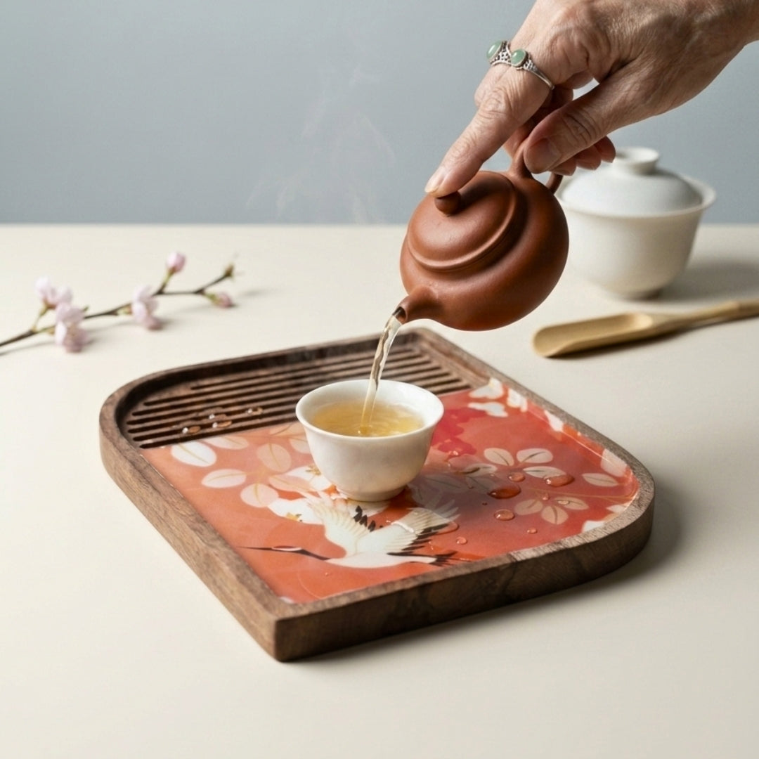 Flamingo Print Enamel & Ribbed Wooden Rectangular Platter