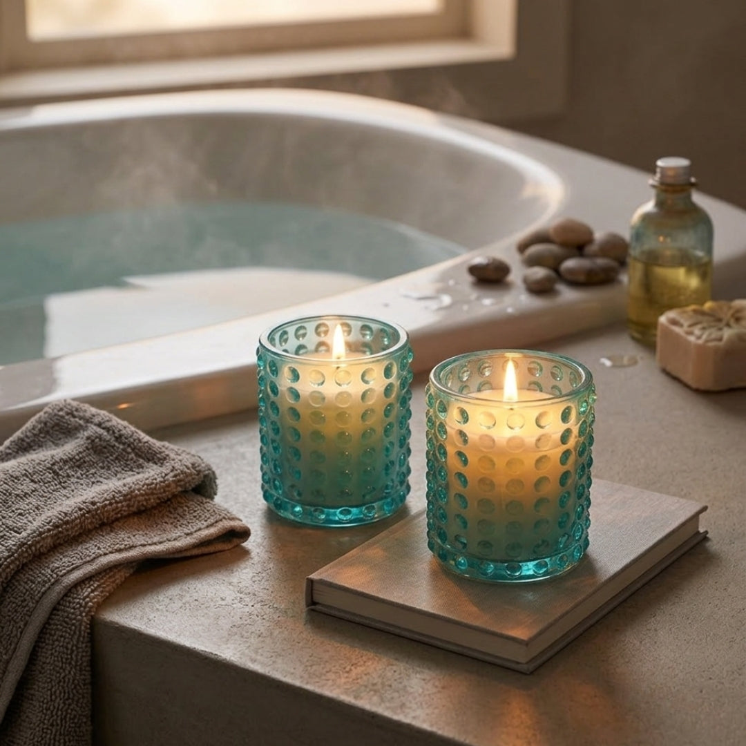 Blue Dotted Glass Votive Candle Holders - Scented Wax Set (Set of 2)