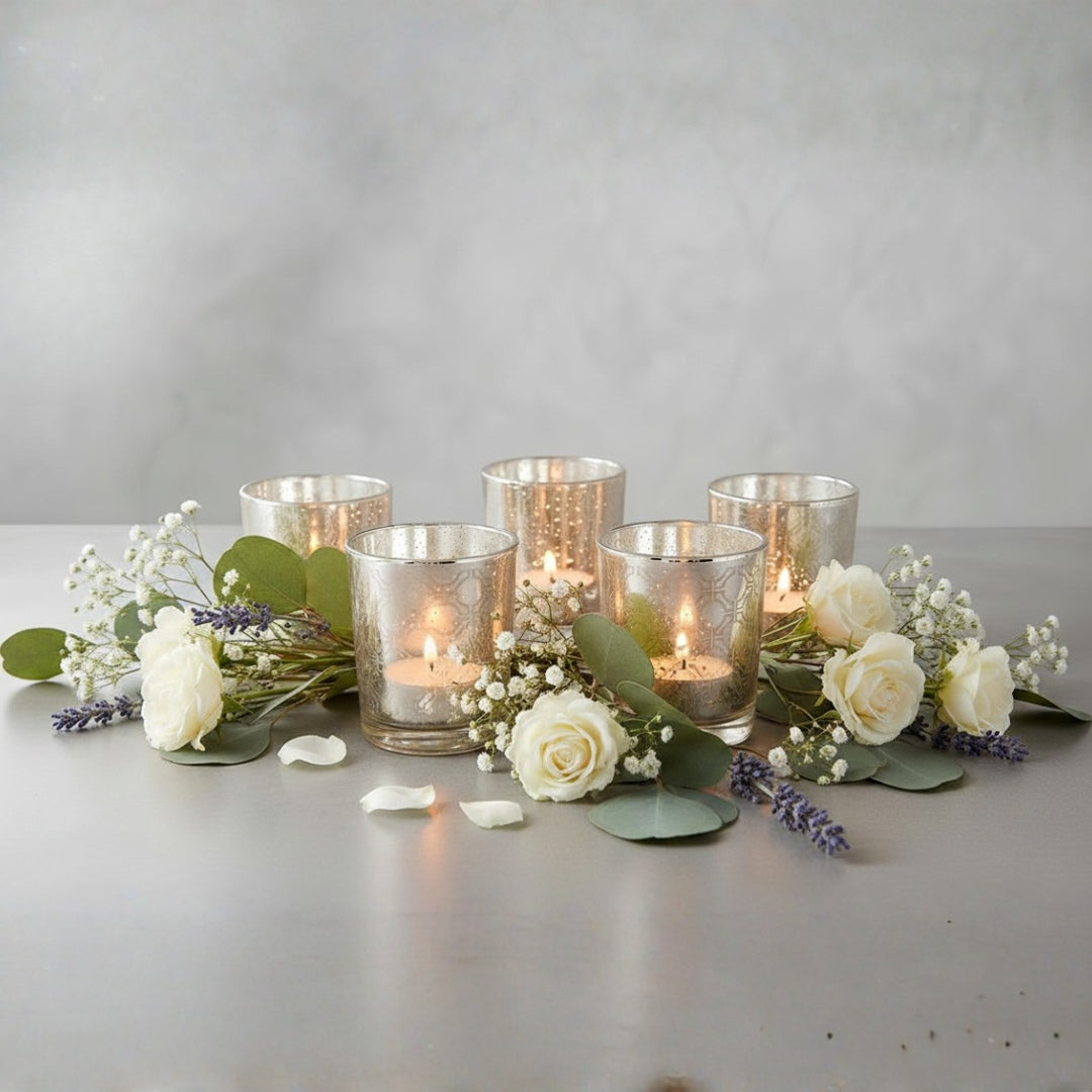 Etched MOsiac Silver Glass Votive Candle Holders - Elegant Small Set of 5