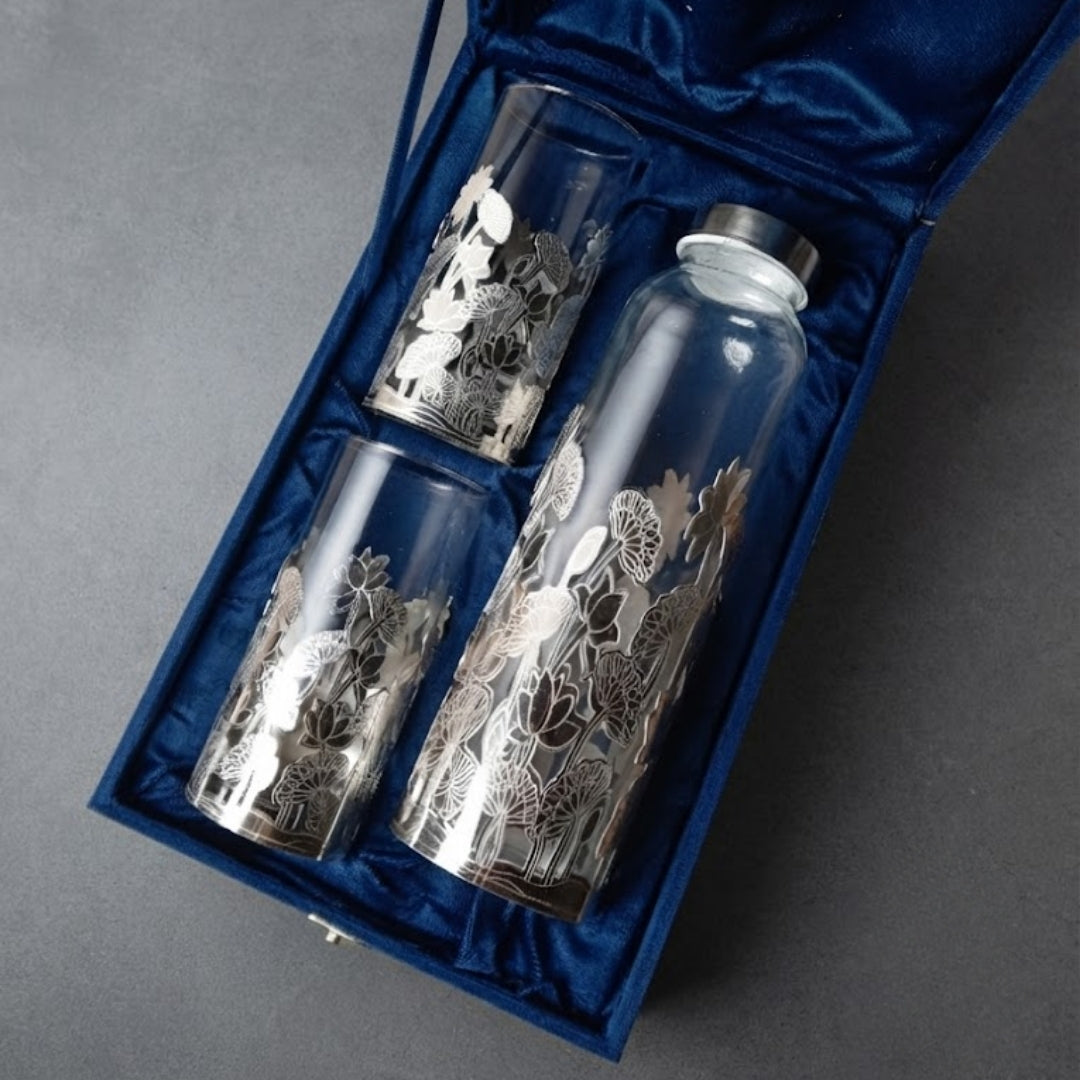 Silver Plated Water Bottle and Glass Set with Velvet Gift Box