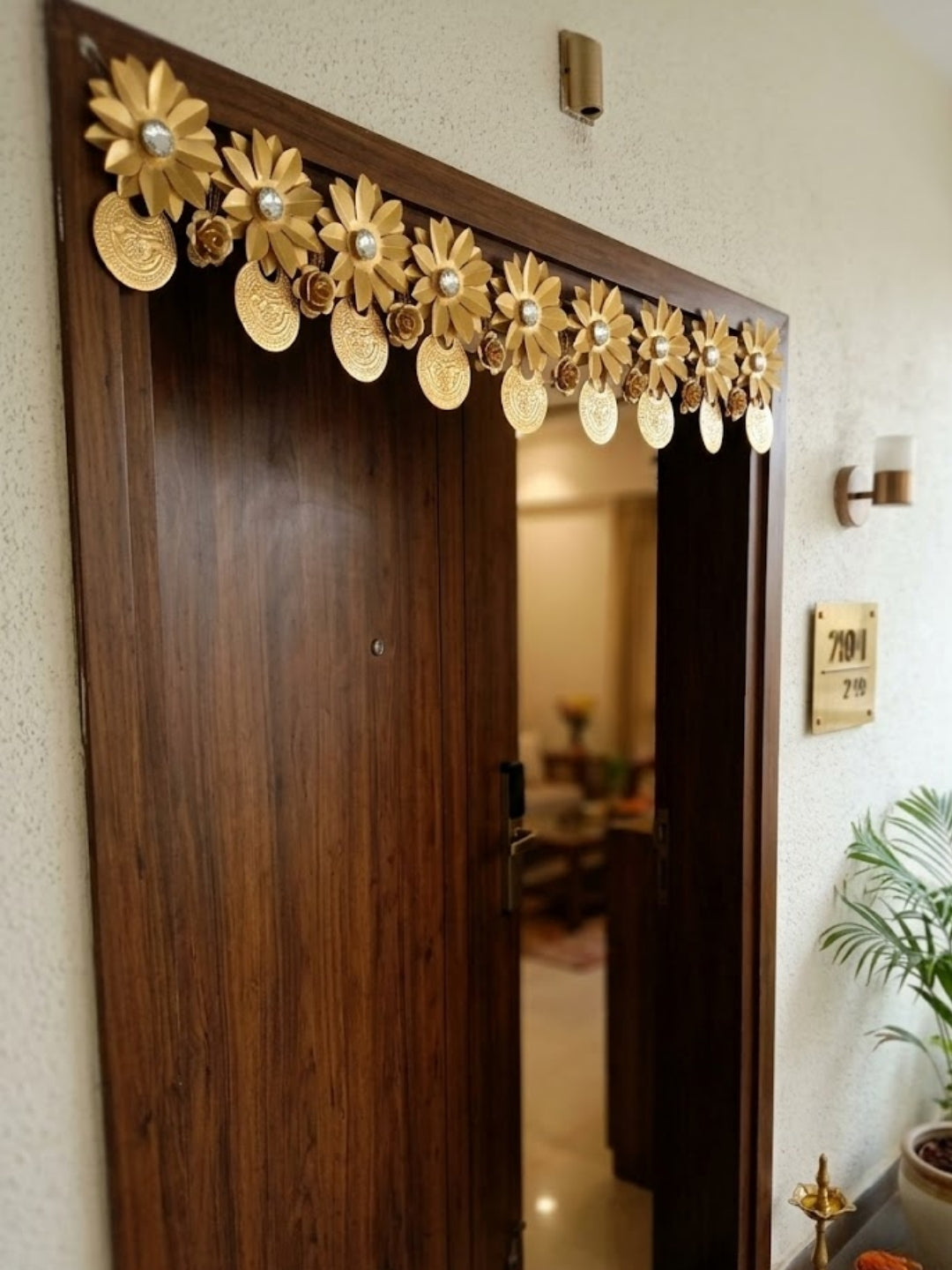 metal gold finish flower chand shape toran