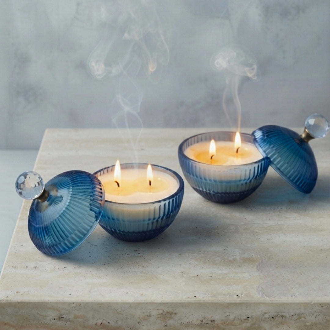 Set of 2 Small Blue Glass Ball-Shaped Scented Candles with Gold Bow Lids