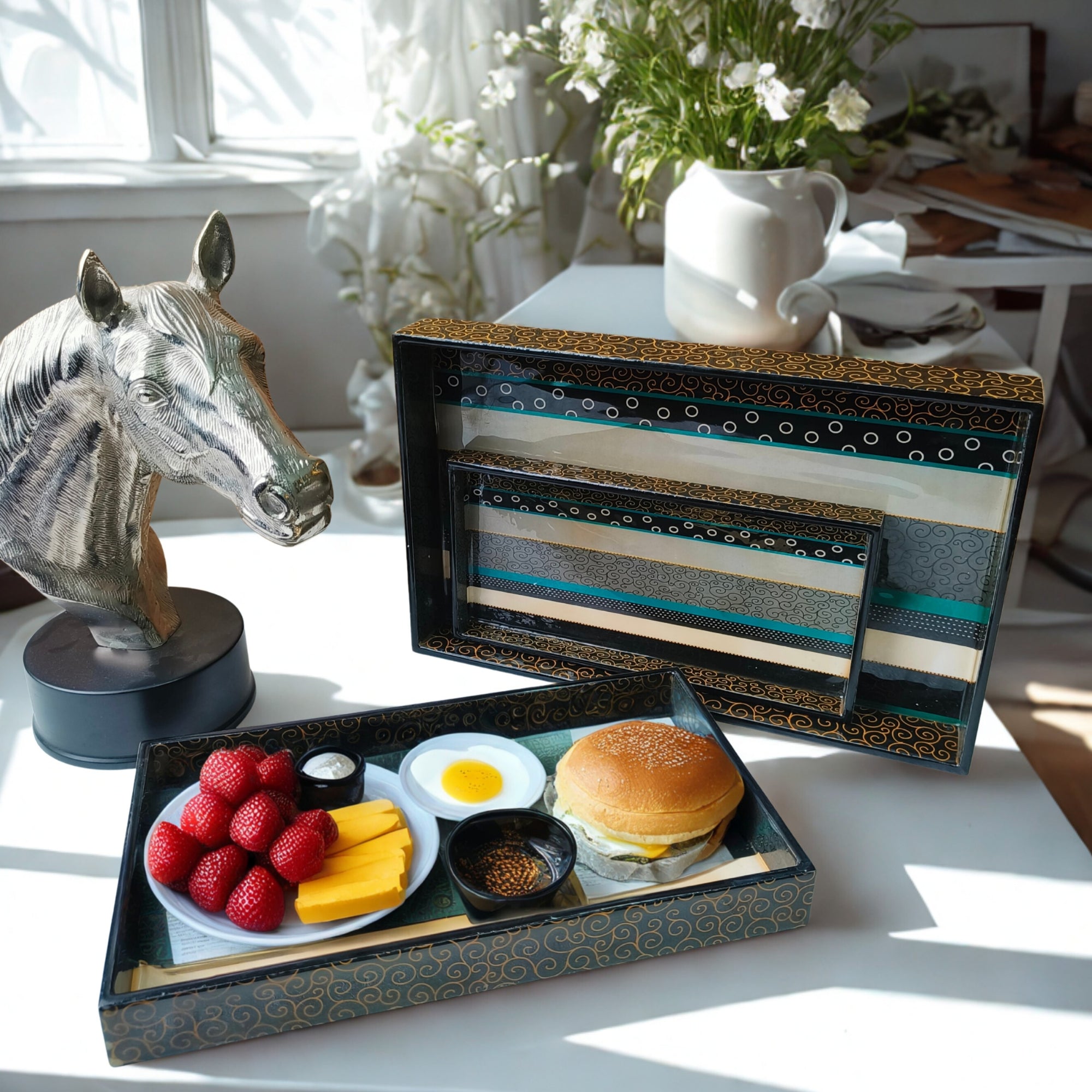 Wooden Abstract Printed Enamel Tray set of 3