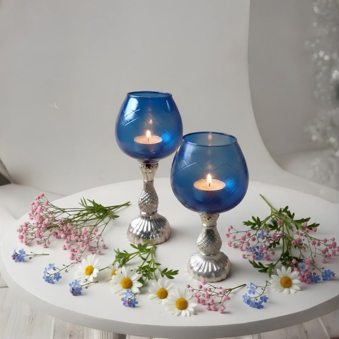 Blue Glass Chalice Candle Holders - Elegant Set of 2 (Large & Small)
