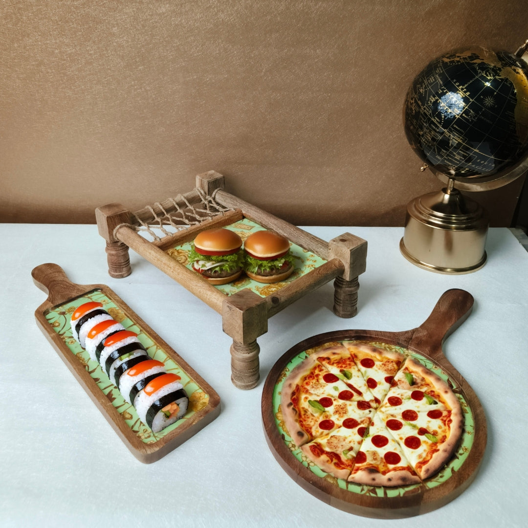 green flower print & enameled Wooden Khatiya Platter Set of 3 - khatiya platter , pizza platter , bat platter
