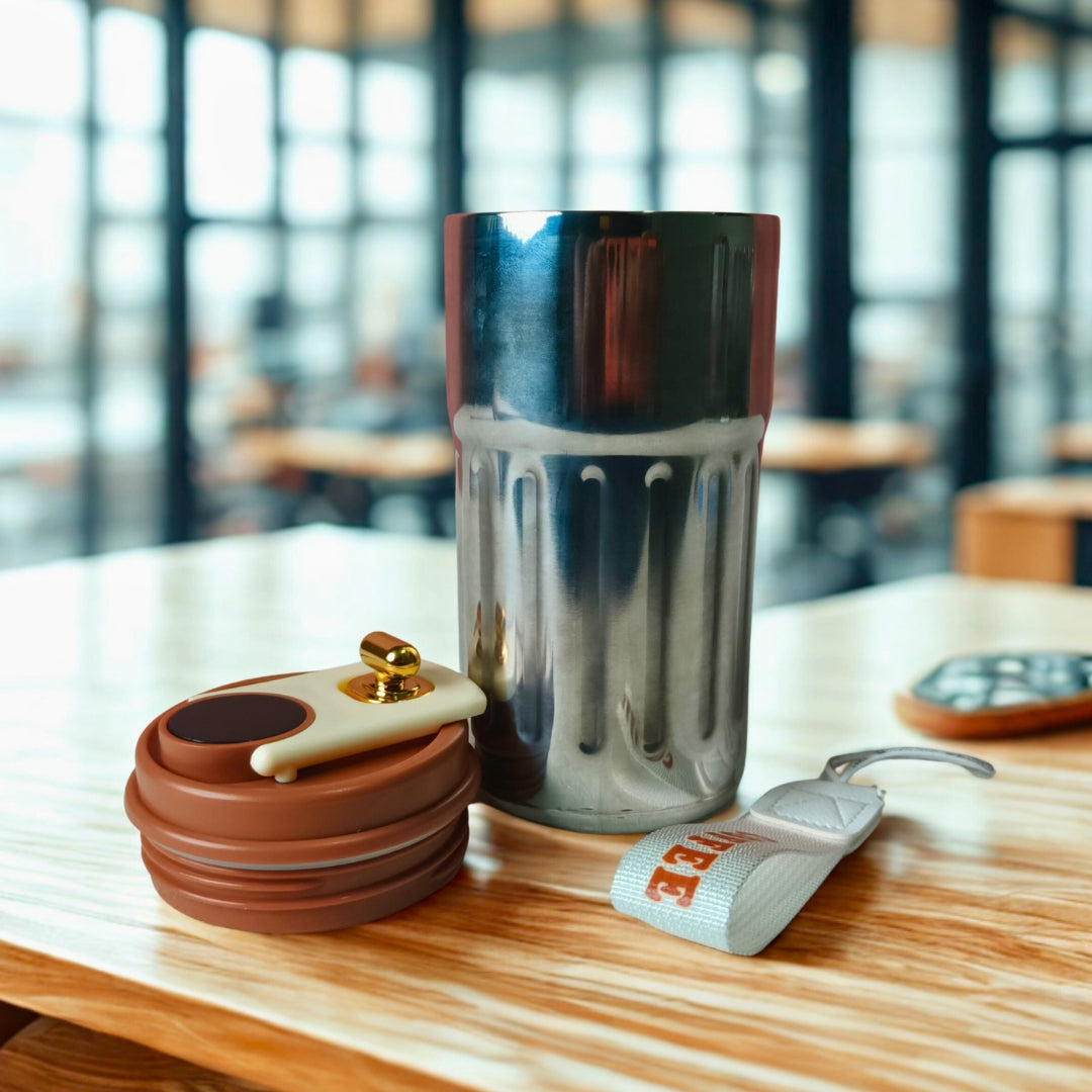 Stainless Steel Temperature Measure Sipper With Golden Capsule Knob And Brown Lid