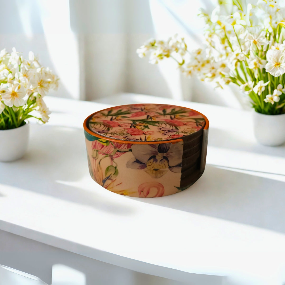 Table Coaster - Wooden Flamingo Print With Enamel