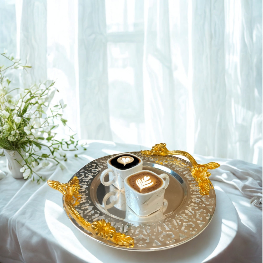 Brass metal silver plated round cutwork tray with metal handle small