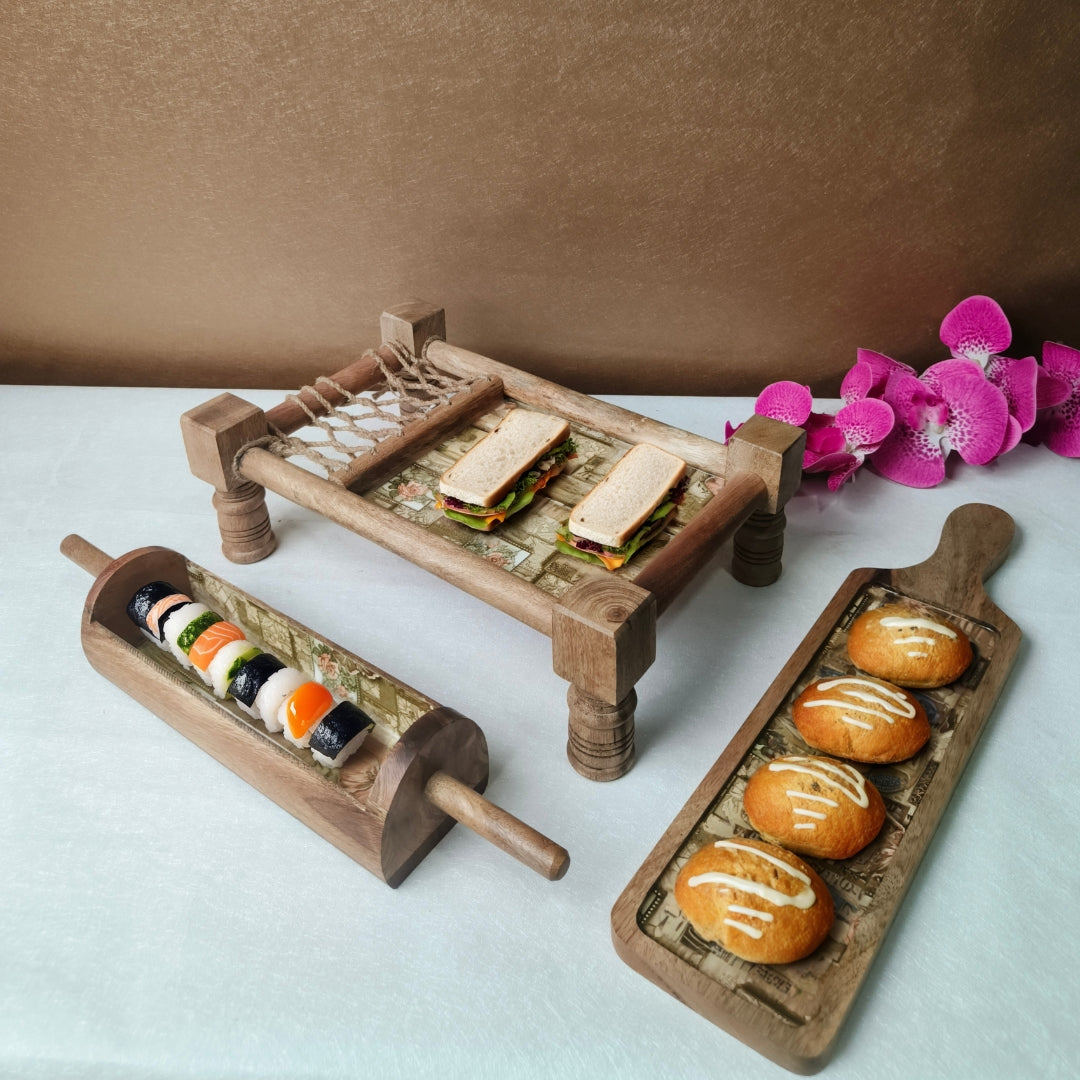 Green mughal print & enameled Wooden Khatiya Platter Set of 3 - khatiya platter , belan platter , bat platter