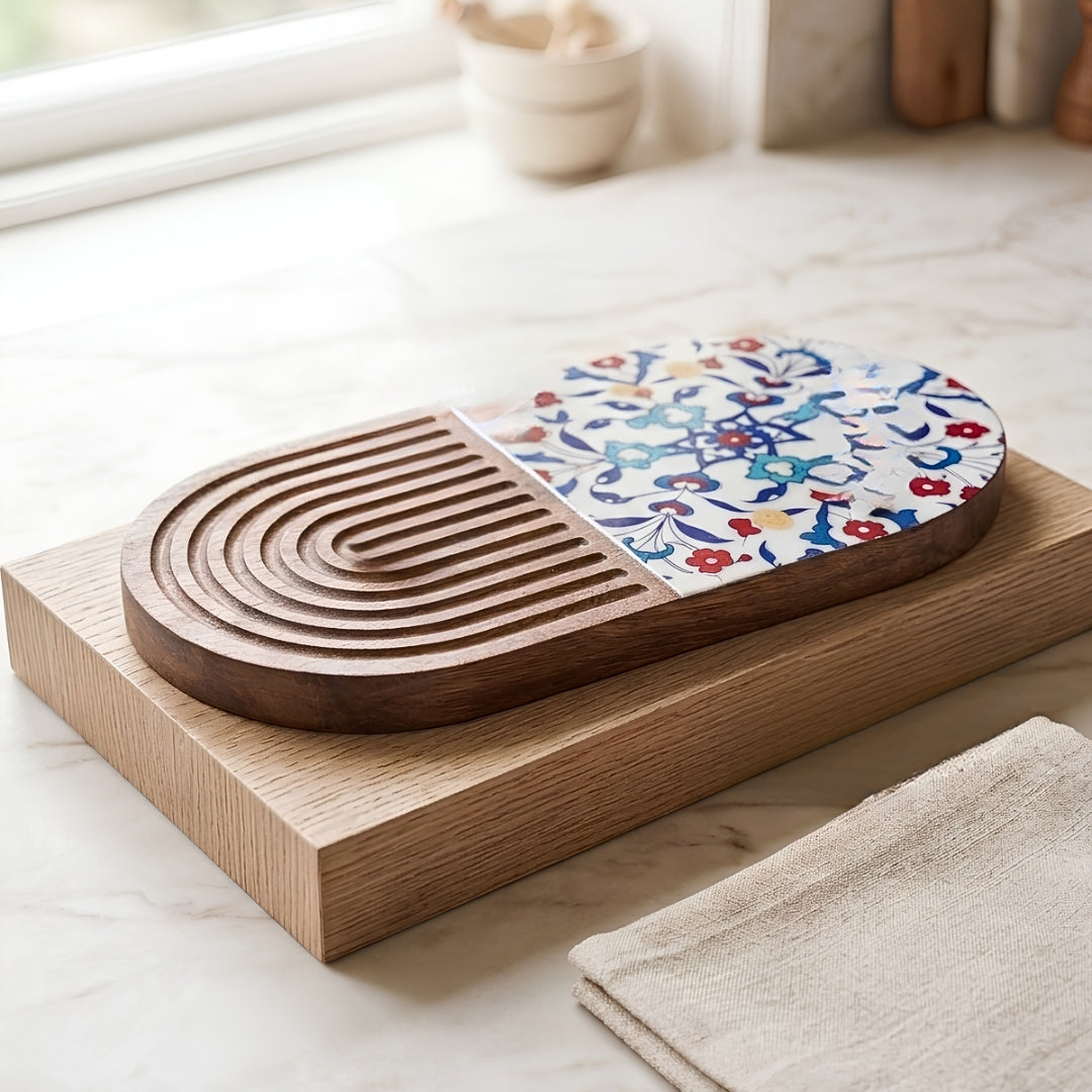 Turkish Print Enamel & Ribbed Wooden Oval Platter