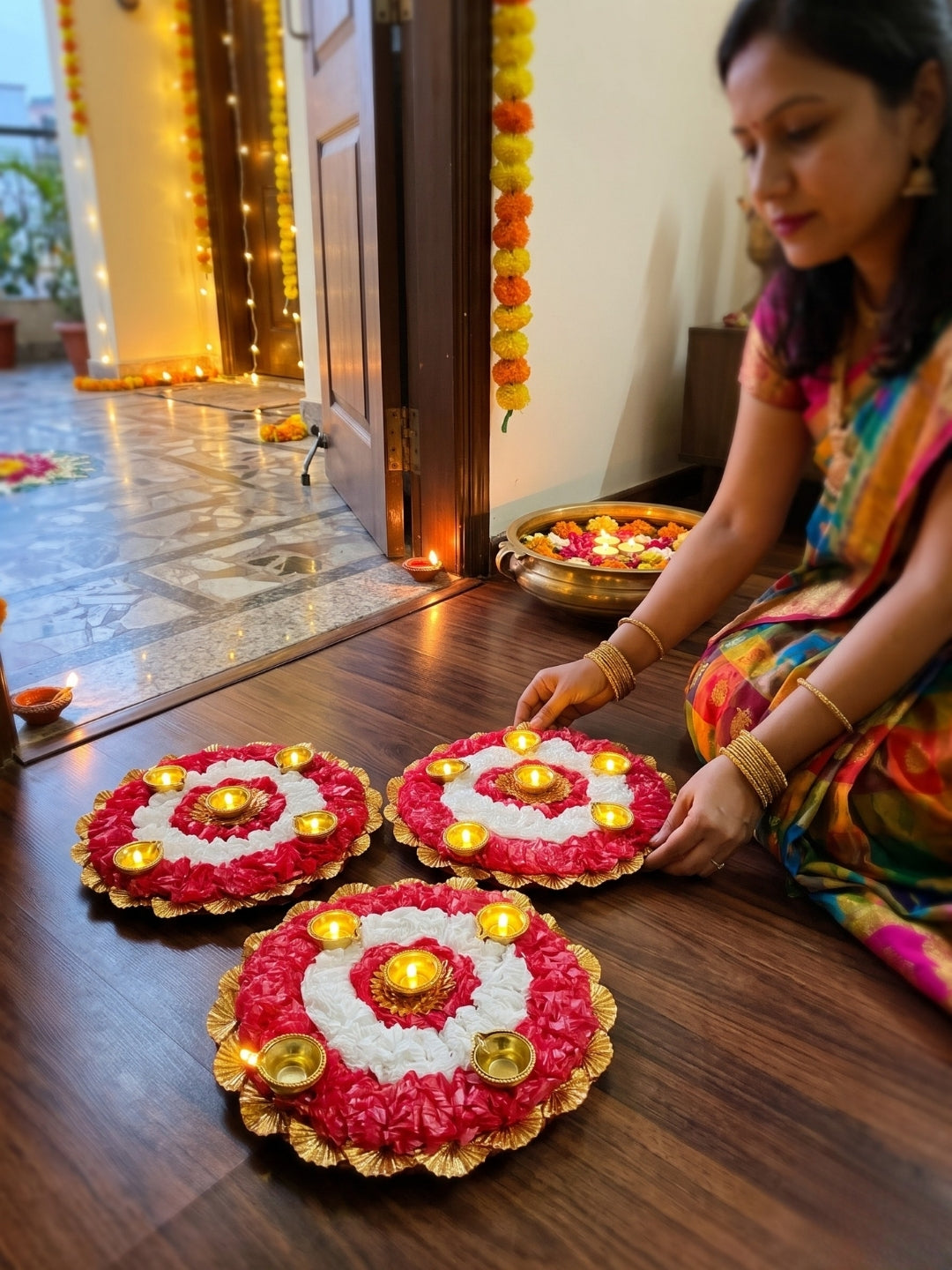 Artifical red & white flowers rangoli set of 3 with LED diyas - Round