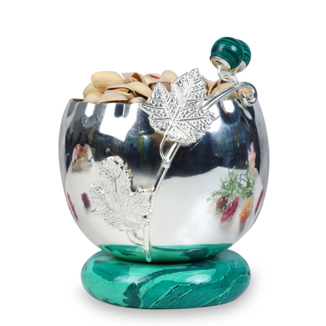 Brass Silver Plated Bowl With Green Malachite Base
