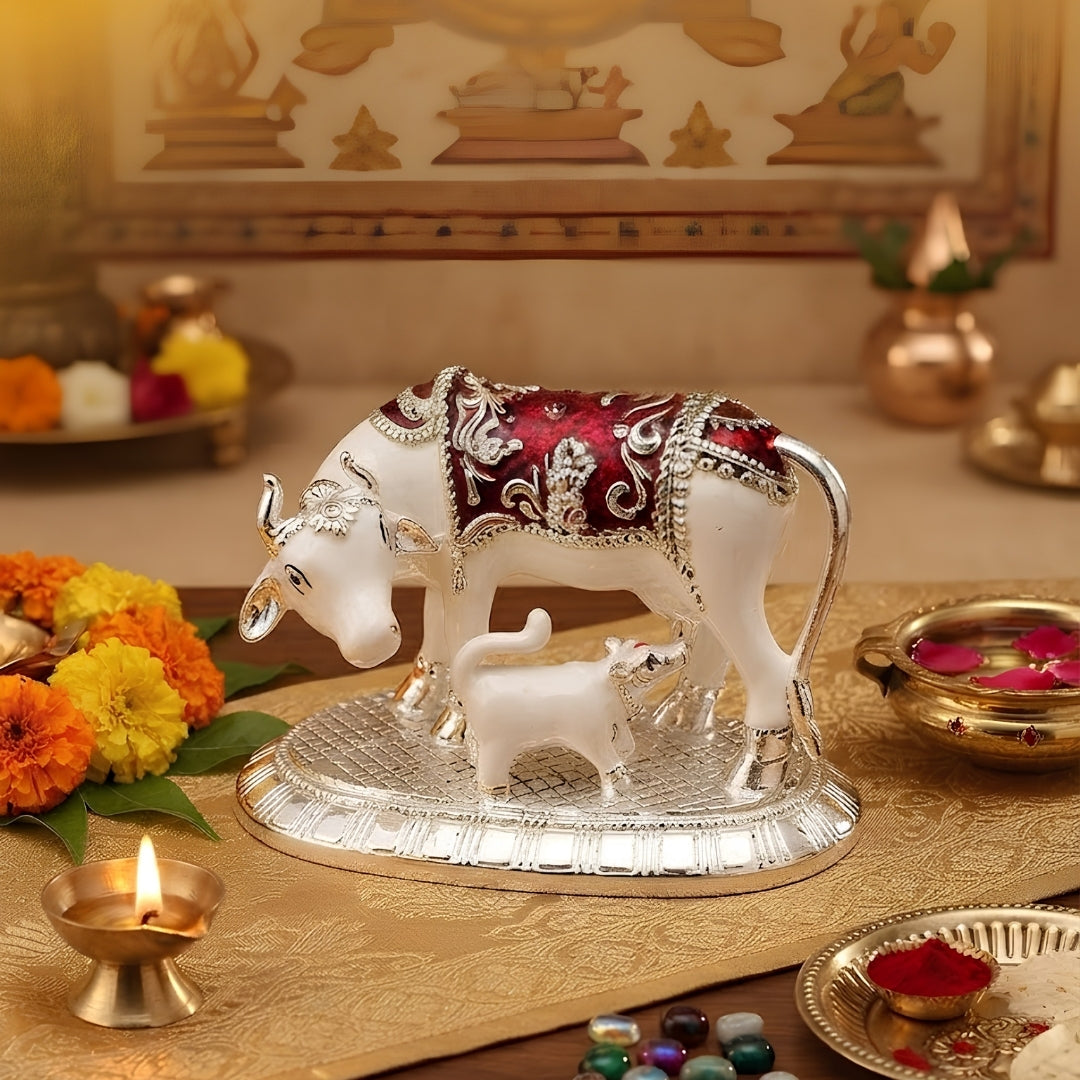 The Home Co. 999 Pure Silver Plated with meena Kamdhenu Cow & Calf Idol with Om Detail (4.5") | Single-Tone Om Showpiece in Premium Velvet Gift Box