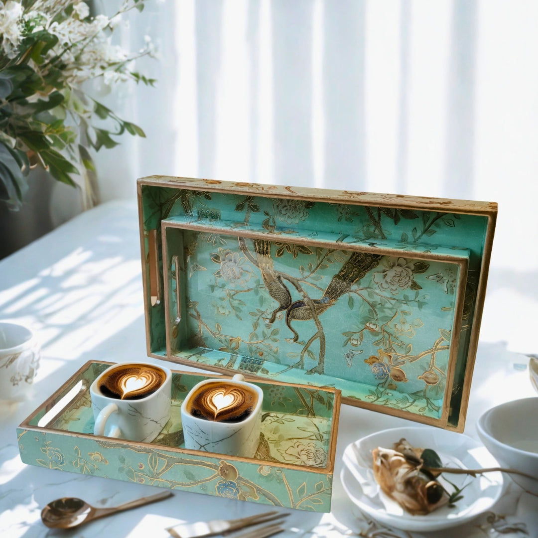 Green Peacock Design Enamel Tray(Tray Set of 3)