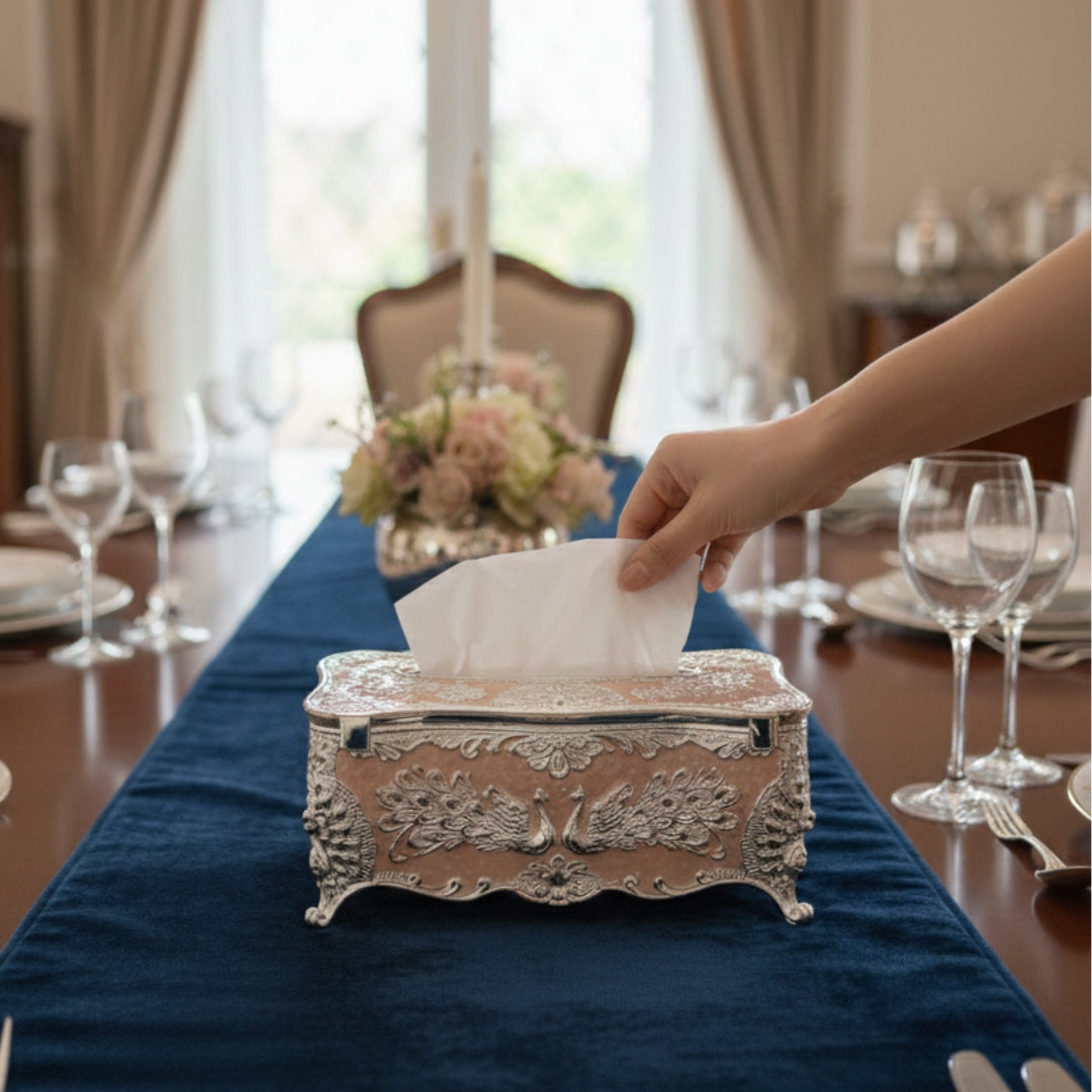 Tissuebox-white metal with peach enamel peacock design