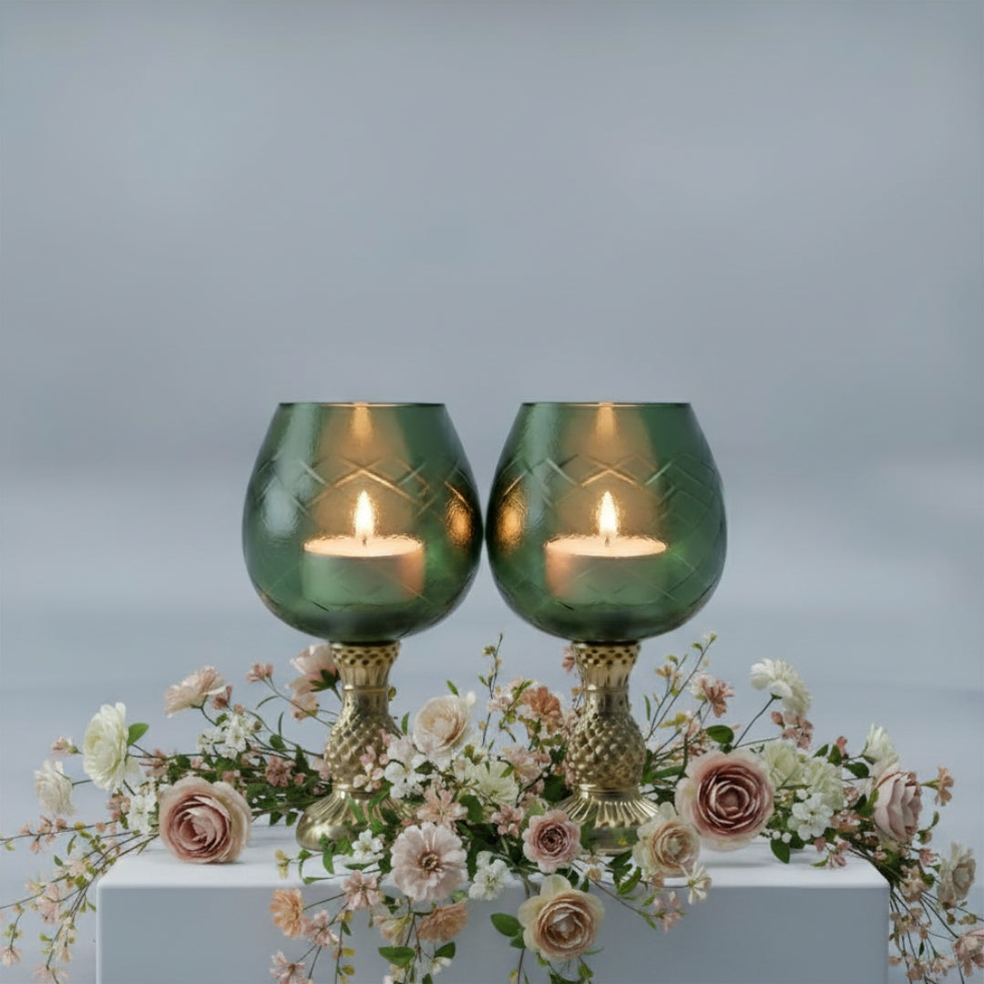 Green Glass Chalice Candle Holders - Elegant Small Set of 2