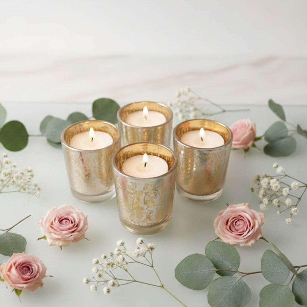 Etched Yellow Glass Votive Candle Holders - Elegant Small Set of 4