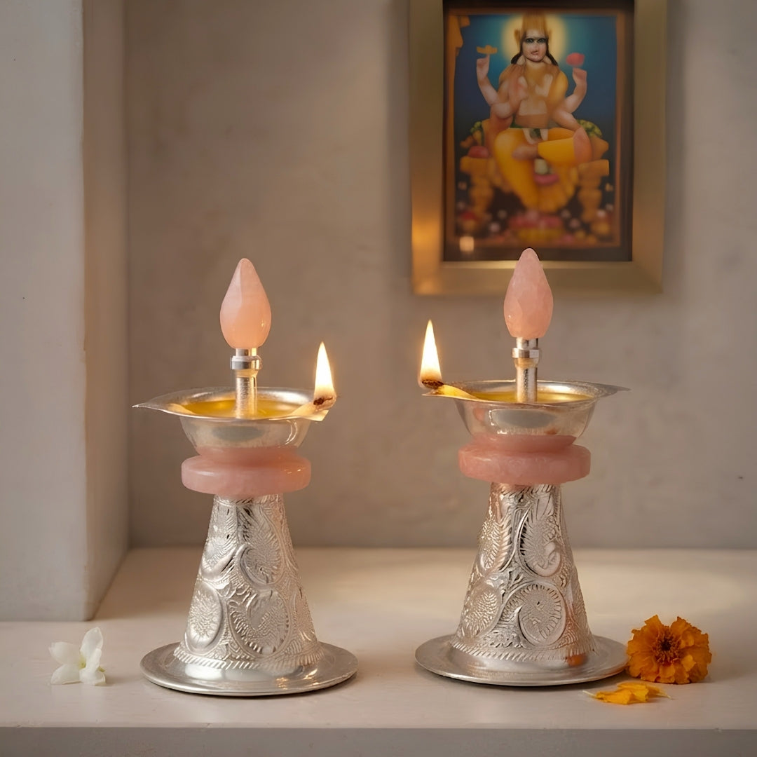 METAL Silver-Plated PINK RESIN Diya SAMAI Set of 2