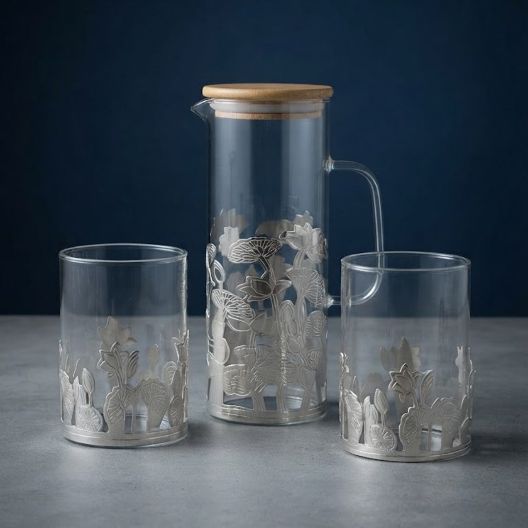 Silver-Plated Lotus Glass Jug and 2 Glasses Set