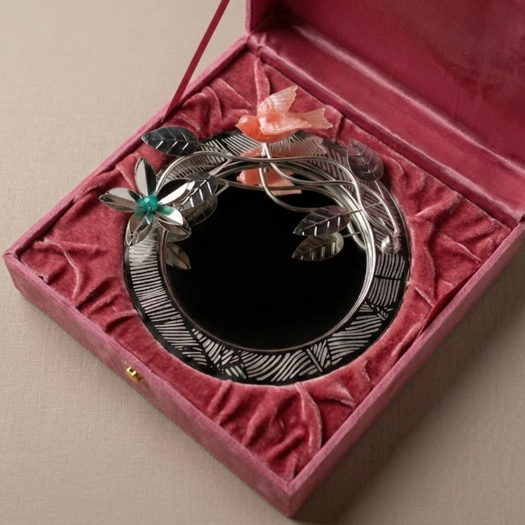 Silver Plated Round Platter with Flower & Resin Bird in Premium Gift Box