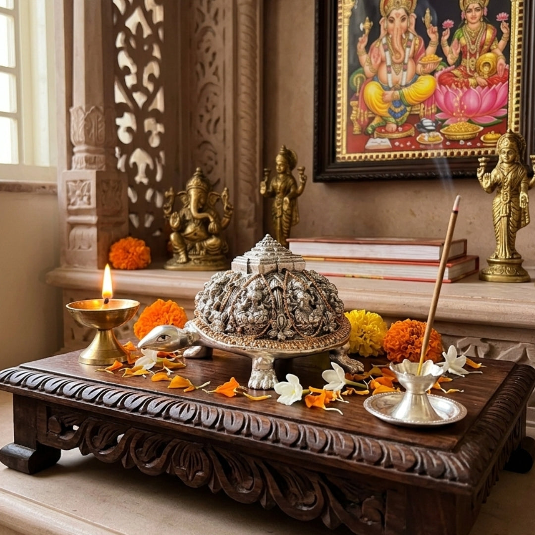 The Divine Kurma Meru Yantra – 999 Pure Silver & 24K Gold Plated Laxmi Shree yantra Good Fortune Tortoise