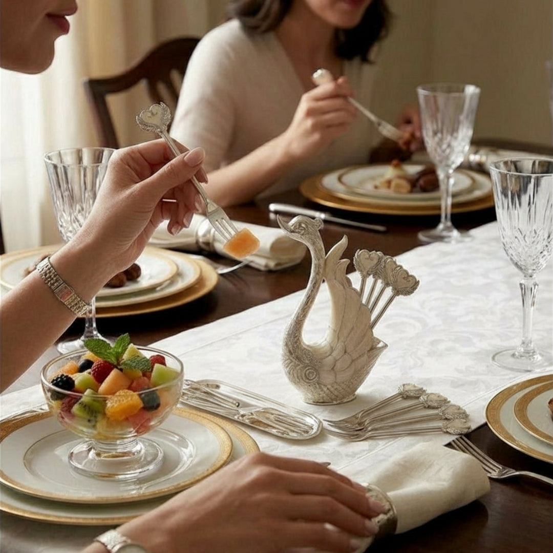 White Metal Swan Holder with Set of 6 Dessert Forks in Premium Gift Box