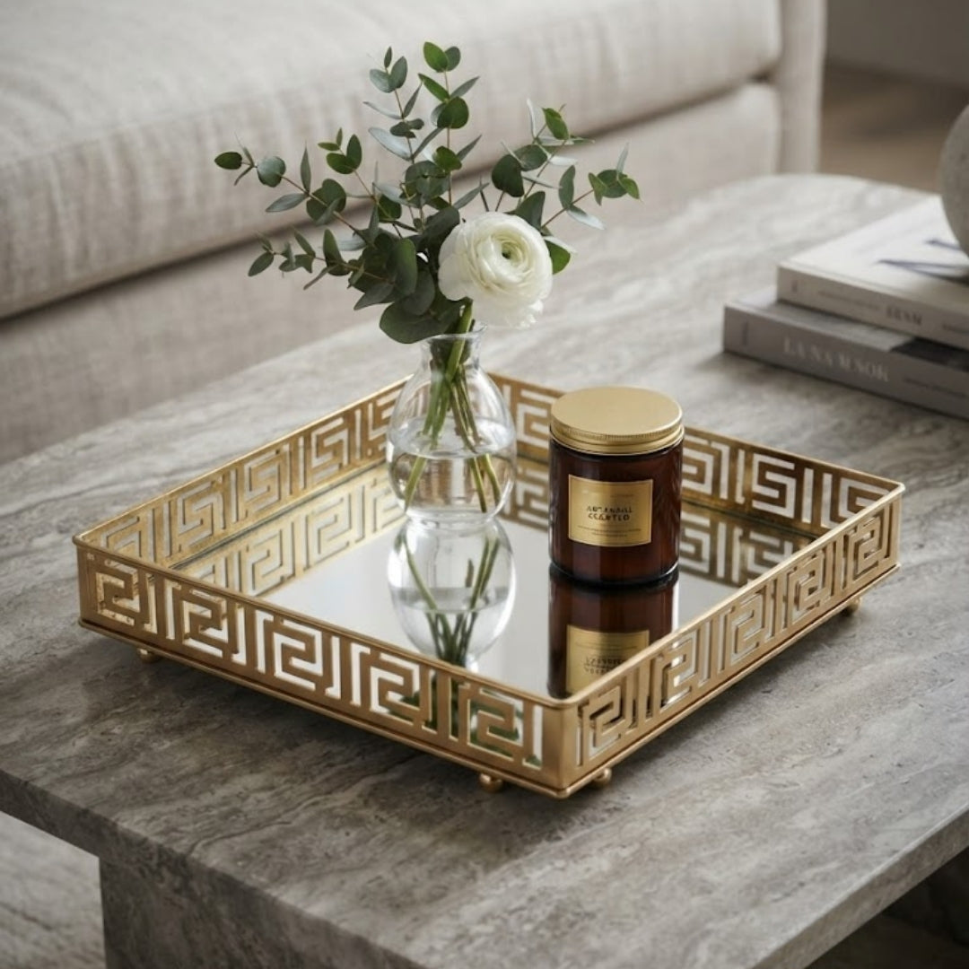 Gold Mirrored Square Tray with Greek Key Pattern