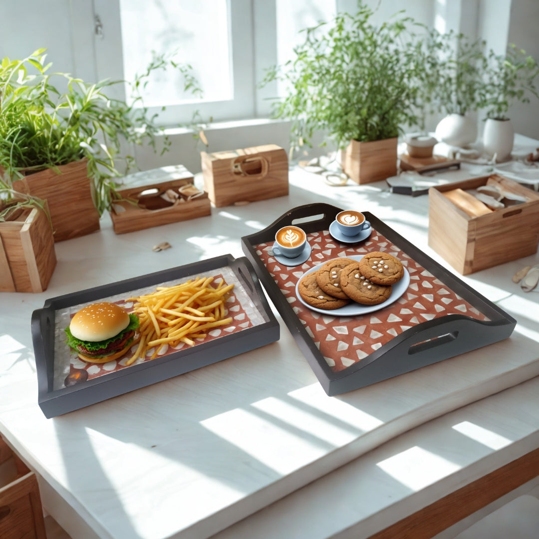 Set of 2 - wooden mother of pearl & chemical trays