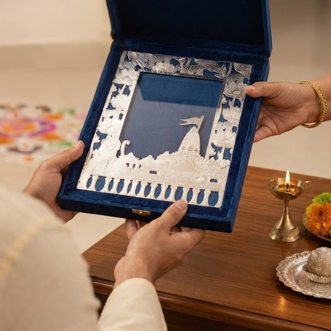 Silver-Plated Ram Mandir & Lotus Design Velvet Photo Frame